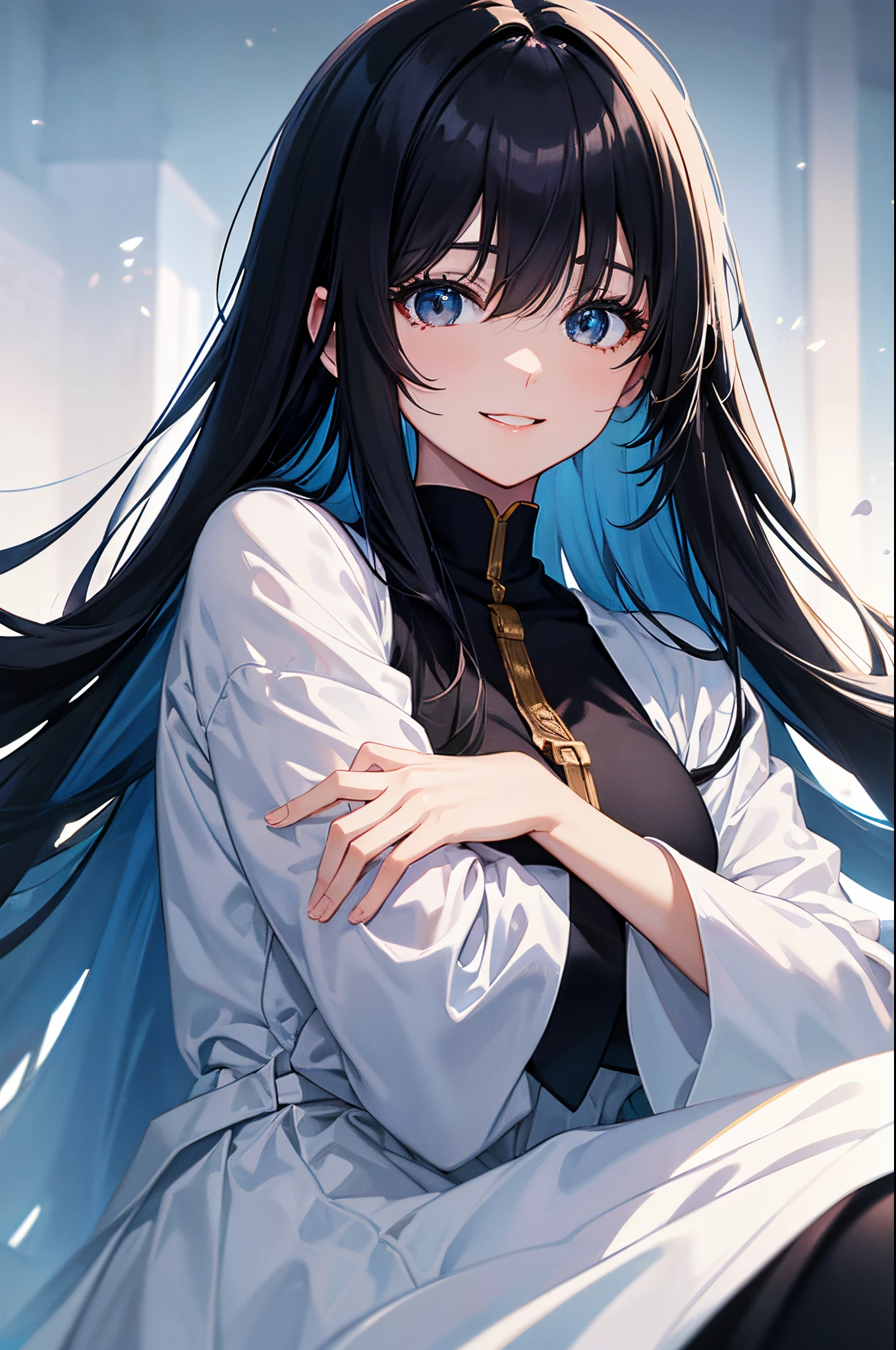 Magazine Cover. Anime. Solo. 1-woman. A young woman with long black hair and black eyes who smiles gently. She is wearing a white clothes embellished in blue. Fantasy theme. Upper body. Half body potrait.