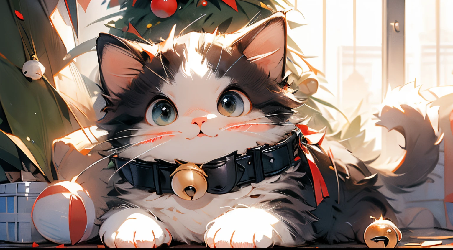 best quality,ultra-detailed,stunning scottish fold cat with round eyes and red bell collar, cozy christmas tree decorations