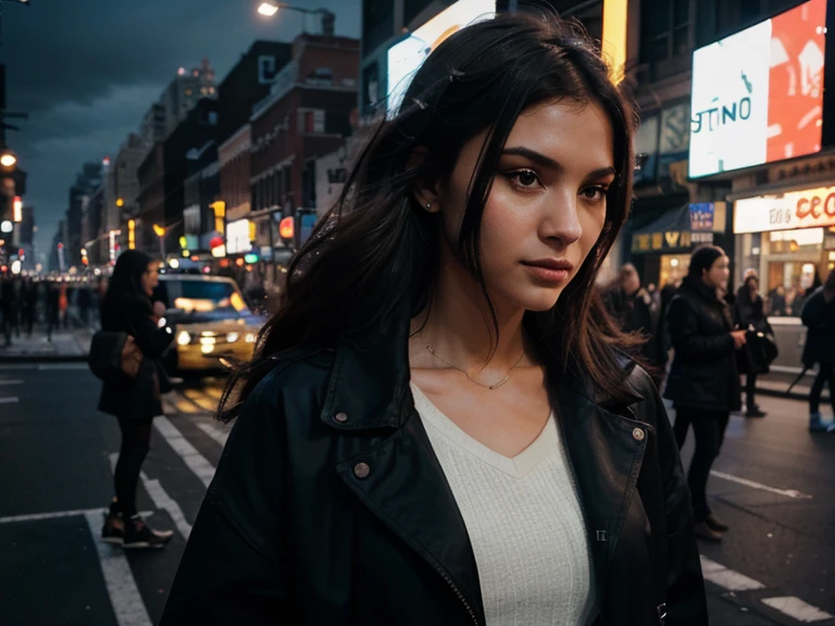 Generate a cinematic and accurate AI-crafted portrait of a woman from the year 2018, set against the backdrop of a New York City street at night. Capture the essence of contemporary fashion and style, ensuring meticulous attention to realistic facial features reflective of that time.

Consider the urban ambiance with city lights illuminating the background, evoking a nighttime atmosphere. Infuse the scene with cinematic flair, paying particular attention to the interplay of light and shadow. Enhance the realism of the portrait by incorporating modern hairstyles, clothing trends, and accessories that were prevalent around 2018.

Craft an image that not only portrays the individual with accuracy but also immerses viewers in the dynamic and vibrant energy of a New York City street at night during that period.