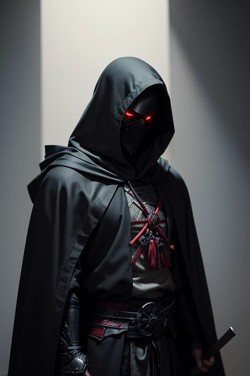 Create an enigmatic scene featuring a hooded figure standing in the shadows, illuminated by a faint light, exuding the aura and spirit of a samurai warrior.