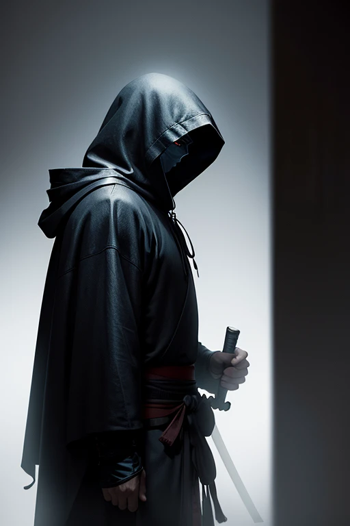 Create an enigmatic scene featuring a hooded figure standing in the shadows, illuminated by a faint light, exuding the aura and spirit of a samurai warrior.