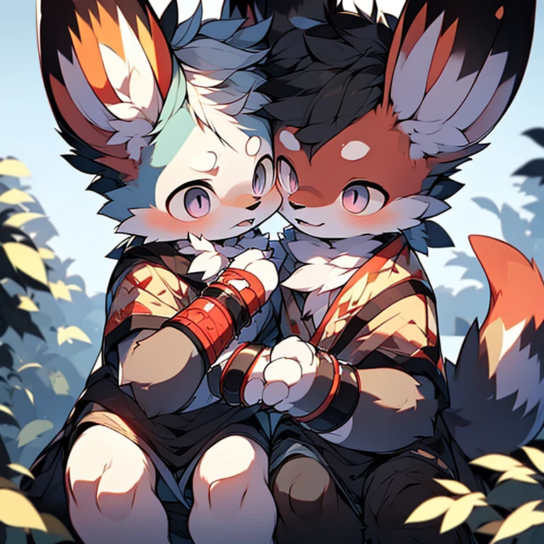 mascot，cute image，best quality, 8k, Best quality fluffy, 可爱的snow leopard，snow leopard，Male and female cuddles，2只snow leopard，fur，hairy，grassland，kiss，pawpaw，Tiger teeth，pink，Shota
