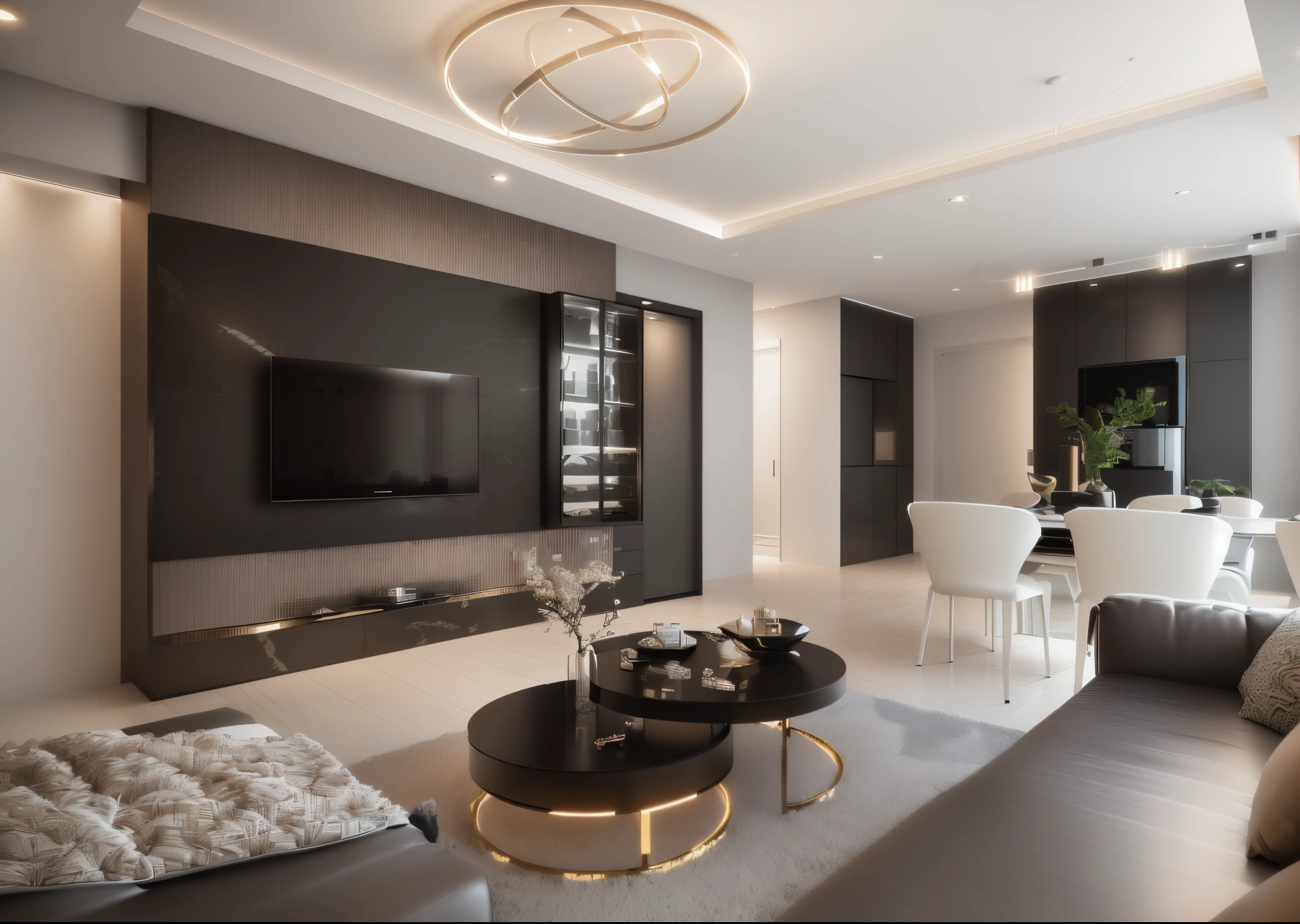 there is a living room with a couch, table, chairs and a television, modern style, high-quality render, fancy apartment, elegant and refined, luxury condo interior, excellent 3d render, highly detailed render, apartment design, highly rendered!!, vray 8k render, modern and minimalist, high quality 3 d render, high quality 3d render