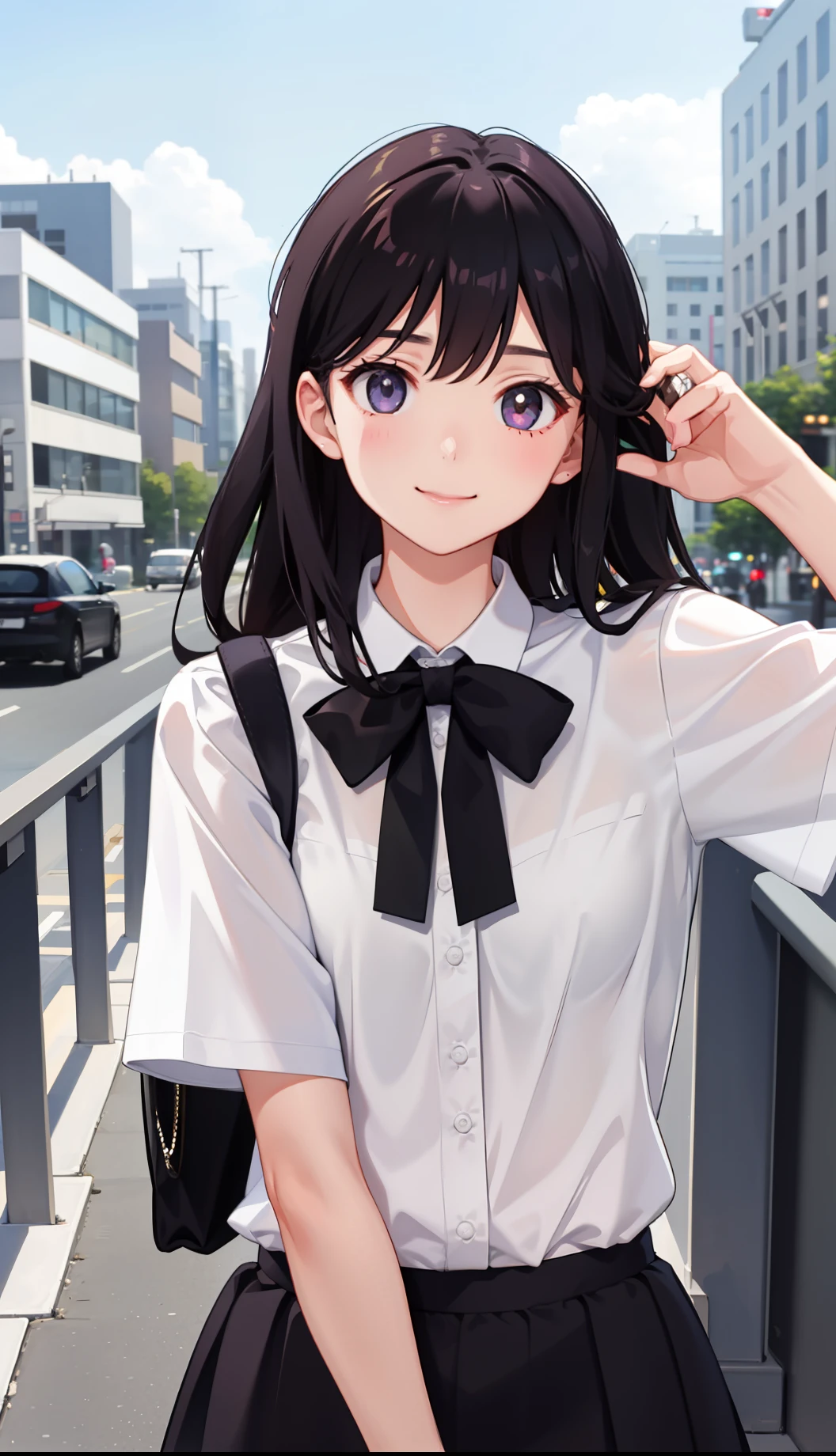 1girl in、AS-Adult、A smile、Light in the eyes、The shirt、Blouse、pleatedskirt、(small tits)Chilarism、movement、Upper body portrait、
