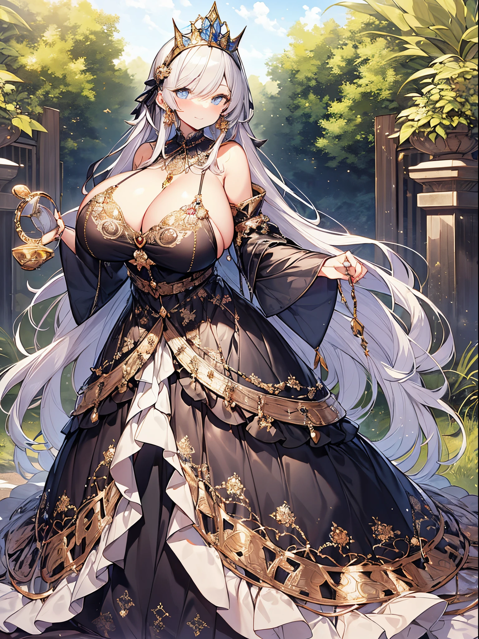 ultra-detailed, extremely detailed,((anime artstyle)),Masterpiece,(Best Quality),(Super Detail),(Very Delicate and Beautiful),((Solo)),((full body)),full body,((detailed face and eyes)),perfect eyes, rendered eyes,jewel-like beautiful eyes,((1 princess in beautiful embroidery and jeweled gorgeous rococo ballgown with frilled voluminous full length hoop skirt)),((Crinoline)),beautiful embroidery and jeweled gorgeous rococo ballgown with frilled voluminous full length hoop skirt,(large amount of straight hair,extremely voluminous Very Long straight Hair,Absolutely Long Straight Hair),sparkly skin,(((very gigantic boobs,skindentation))),Bursting breasts,cleavage,(fantasy castle,outdoors,outside the castle),long_gloves,extremely gorgeousfull jeweled hair ornament,(bling-bling extremely gorgeousfull jeweled tiara),(luxurious jewelry),full body,beautiful embroidery and jeweled gorgeous rococo ballgown with frilled voluminous full length hoop skirt