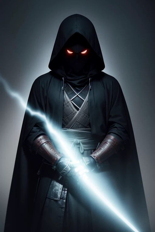 Create an enigmatic scene featuring a hooded figure standing in the shadows, illuminated by a faint light, exuding the aura and spirit of a samurai warrior.
