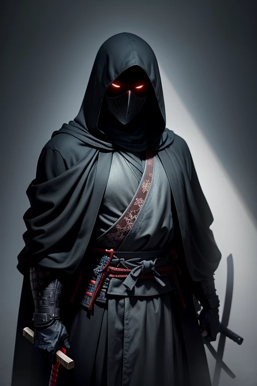 Create an enigmatic scene featuring a hooded figure standing in the shadows, illuminated by a faint light, exuding the aura and spirit of a samurai warrior.