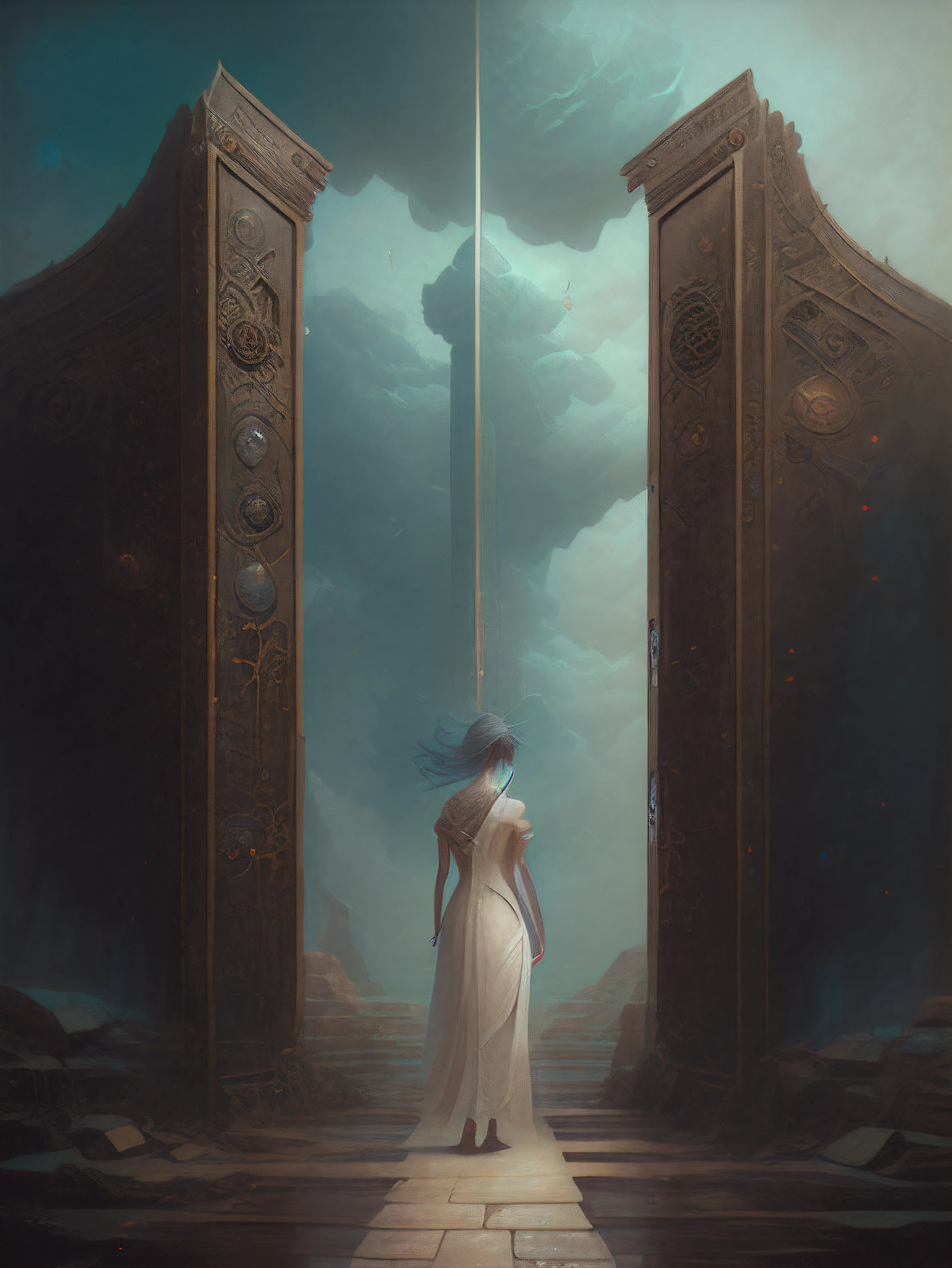 painting of a woman standing on a platform in front of a doorway, yuri shwedoff and tom bagshaw, inspired by Christophe Vacher, portal to another world, rob rey, by Christophe Vacher, symmetrical epic fantasy art, by Jason Benjamin, gateway to another dimension, concept art | rhads, heavens gate, by Jason Felix, by Brian Despain