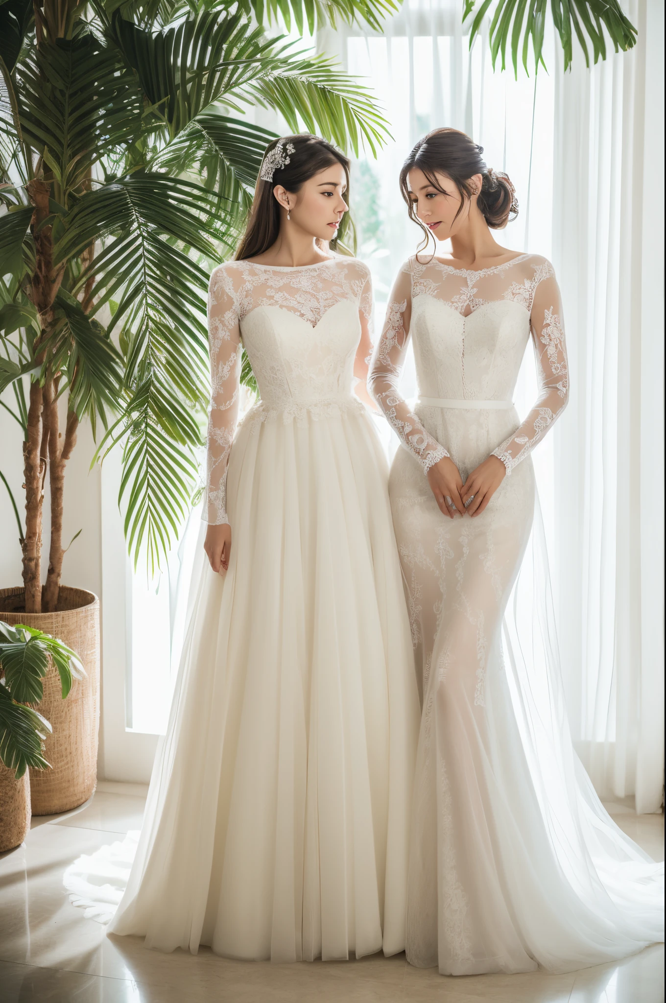 Best quality, 8k, 32k, Masterpiece, Masterpiece, (Photorealistic: 1.4), RAW photo, ultra realistic, 1girl, full body, wearing a white ballgown wedding dress, long-sleeve,tulle and lace fabric, floor-length style, stand upright and look straight, in white room with indoor decorative palm tree,