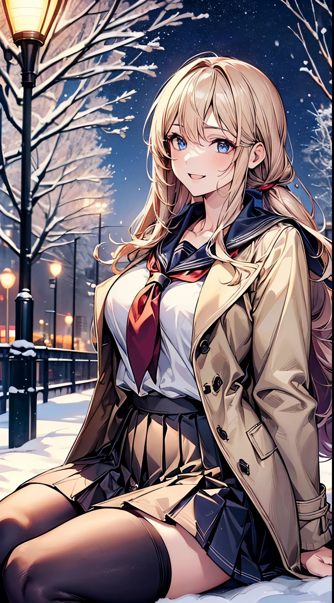 ((((perfect anatomy, super detailed skin)))), 1 girl, japanese, high school girl, shiny skin, large breasts:0.5, looking away, looking up, watching the view, from below,
beautiful hair, beautiful face, beautiful detailed eyes, (long hair:1.7, side ponytaail:1.5), blond hair, blue eyes,
beautiful clavicle, beautiful body, beautiful chest, beautiful thigh, beautiful legs, face, mole under eye,
(((beige coat, open the coat myself), ((long sleeves)), all navy sailor suit, navy pleated skirt, navy sailor collar, red sailor scarf, thigh-highs, short boots), school bag, cross necklace), seductive thighs, ,
((smile:1.5, open your mouth wide)), , female masturbation, lifting skirt myself,
(beautiful scenery),winter, midnight, hokkaido, sapporo, odori park, park bench, sitting, christmas, (christmas tree), illumination, tv tower, snow, snowfall:1.5, freezing weather, frost,
(8k, top-quality, masterpiece:1.2, extremely detailed), (photorealistic), beautiful illustration, cinematic lighting,