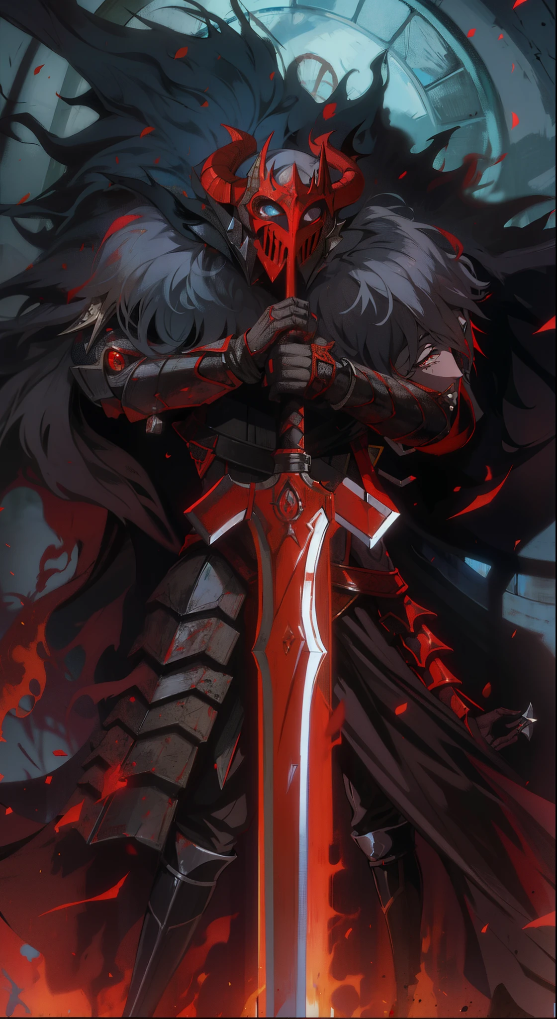 demonio vermelho, chifres vermelhos,segurando uma espada,4k, olhos amarelos, armadura negra, pelos nos ombros