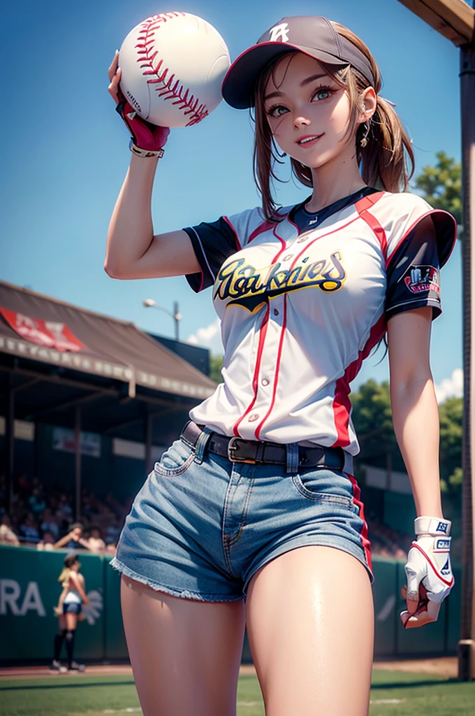 (Clothing:2.0, Softball uniform:2.0), (baseball Ground:1.5), (Wet:1.5), ((A grin:1.2, short hair:1.2, slender:1.5, Small Ass:1.5)), ((Japanese, 1 Girl, 18-year-old, 7 heads, Ideal body proportions, Black Hair, With bangs, Small breasts, Erect nipples, slender, Small Ass, Beautiful feet, Skinny Legs)), Surrealism, Cinematic Lighting, Depth of written boundary, First Person View, Boobs F/1.8, 135mm, Ticker, Mastepiece, Curate, ((Anatomically correct:1.3)), Textured skin, Super Detail, High detail, High quality, Awards, Best Quality, High resolution, 8K