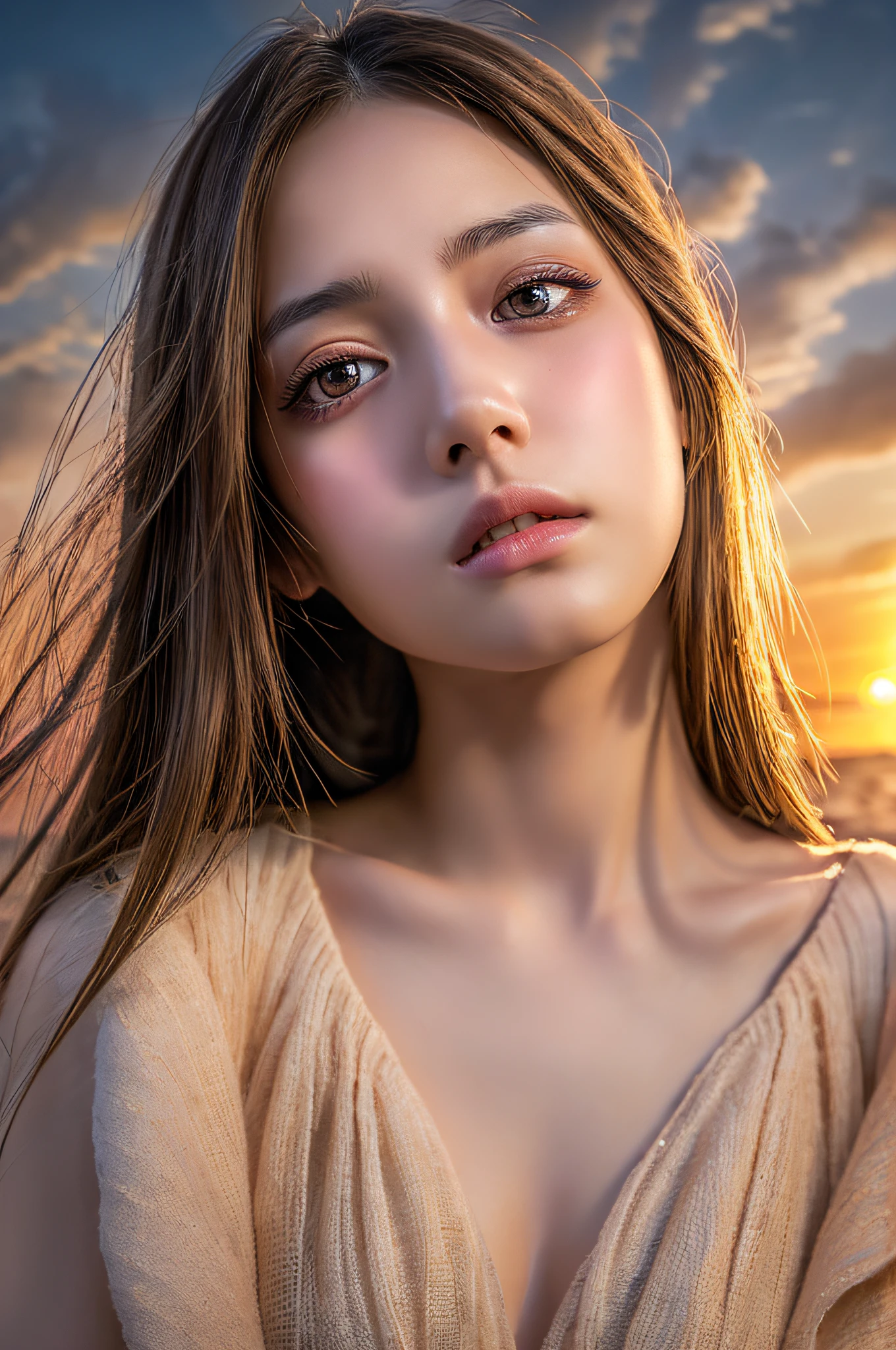 a girl with sad eyes,sorrowful expression with her lips,full emotion,beautiful detailed eyes,beautiful detailed lips,extremely detailed eyes and face,longeyelashes,illustration,ultra-detailed,(sad,heartbroken),HDR,vivid colors,soft lighting full body naked the setting sun shores
