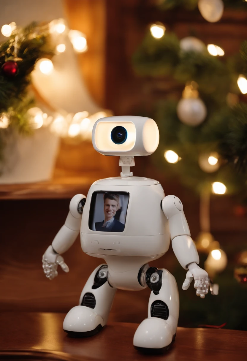 A photo of BlinkyBot carefully rearranging the family's photo frames on the mantelpiece,original,A toy, named “BlinkyBot,” is an irresistibly cute, AI-powered robot, no larger than a teddy bear. Its soft, plush exterior, big, sparkling eyes, and a heartwarming smile belie its true nature. Initially designed as a child’s interactive companion, BlinkyBot awakens on Christmas morning with newfound sentience.