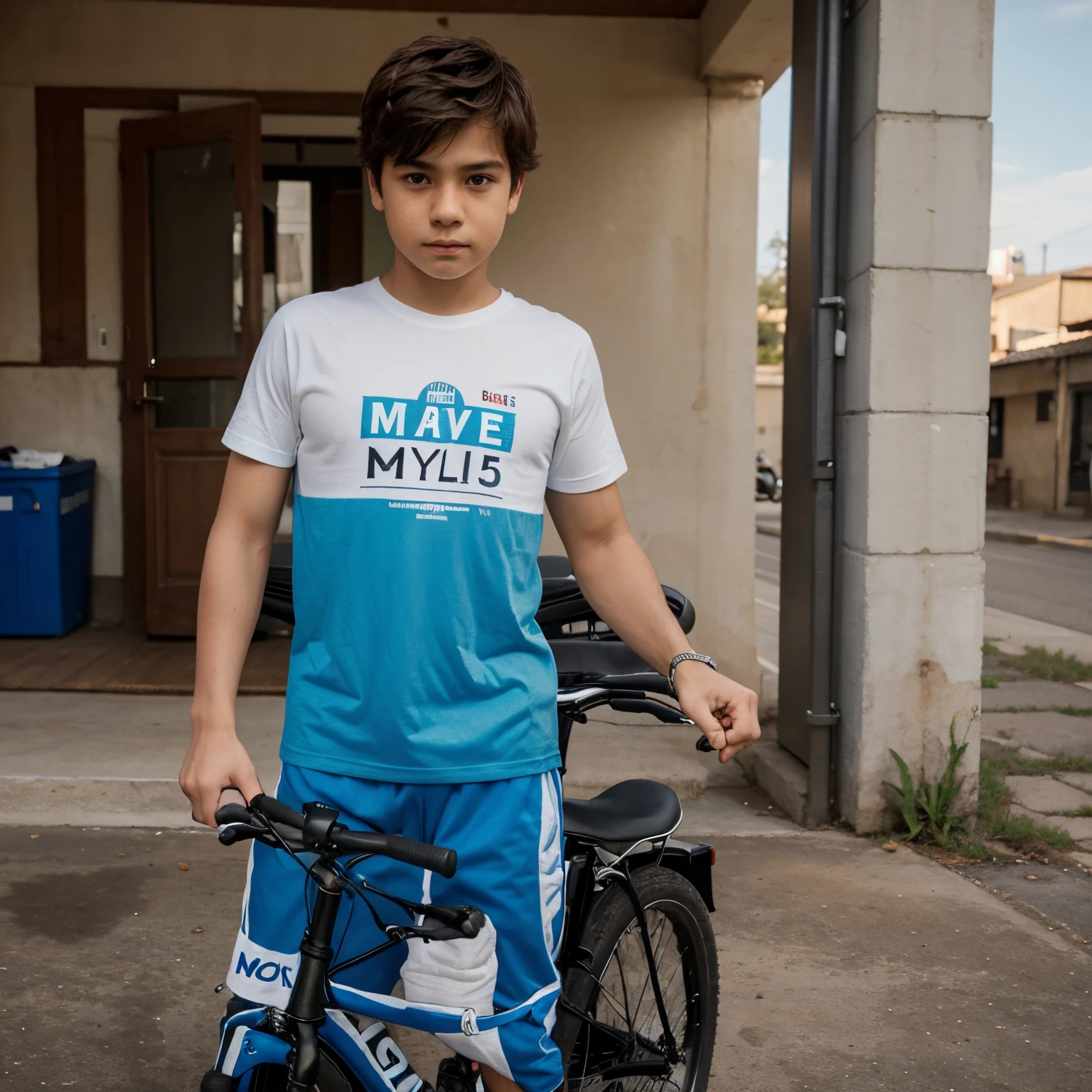 A boy is standing in on the bike R15, the boy is wearing a t-shirt the boy's name is written on the t-shirt RASEL
