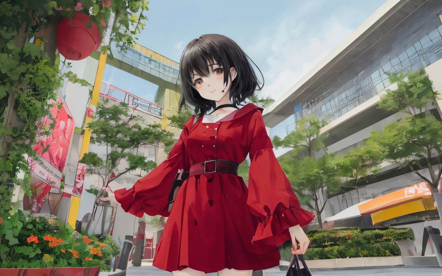 Chica anime, cabello ondulado, vestido hermoso de color rojo, fondo bien detallado, cara tierna, piel perfecta, ojos brillantes, cielo hermoso