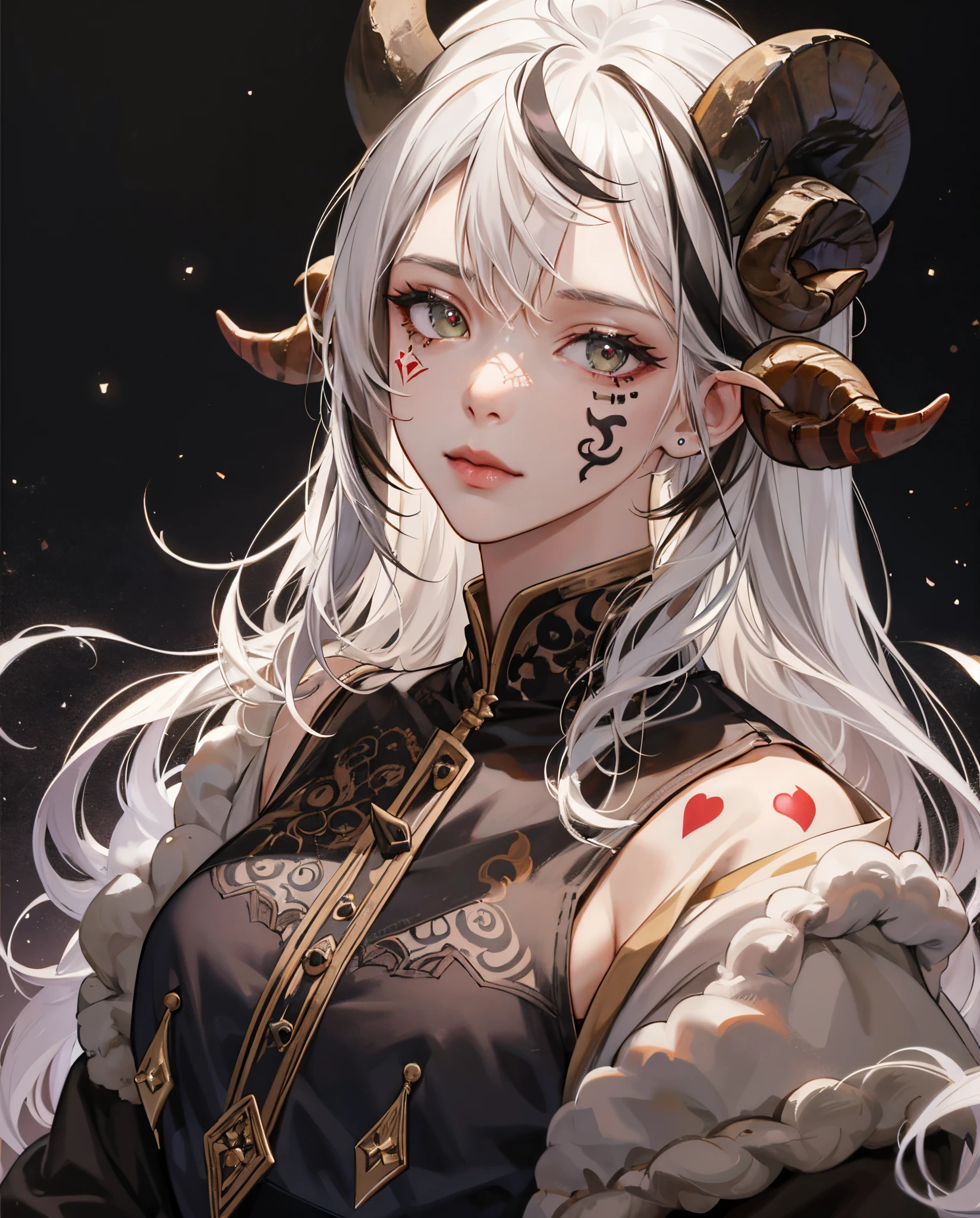 (Photorealsitic:1.3), masterpiece, top-quality, (intricate detailes:1.2), (landscapes:1.3), beautiful countenance, (Black theme:1.3), (((1girl in、Girl in priestly clothes、(Take a look at Veiwer:1.3)、(face tattoos:1.2)、((Brown sheep horns))、 )))、Split in half、Detailed red pupils、Drawn eyes、The Universe in the Eye、my hero academia character, white hair with a black streak in the bangs
