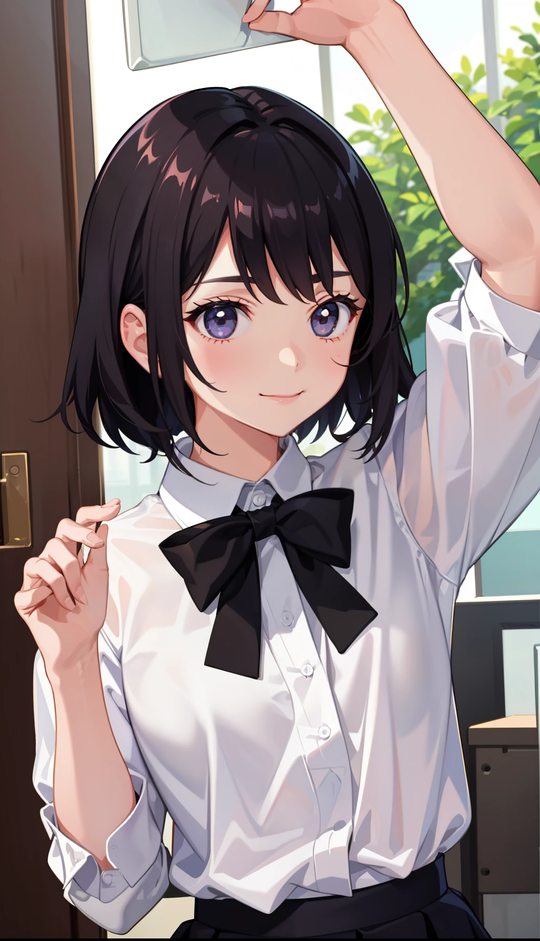 1girl in、AS-Adult、A smile、Light in the eyes、The shirt、Blouse、pleatedskirt、(small tits)Chilarism、Sheer bra、Show bread、movement、Upper body portrait、