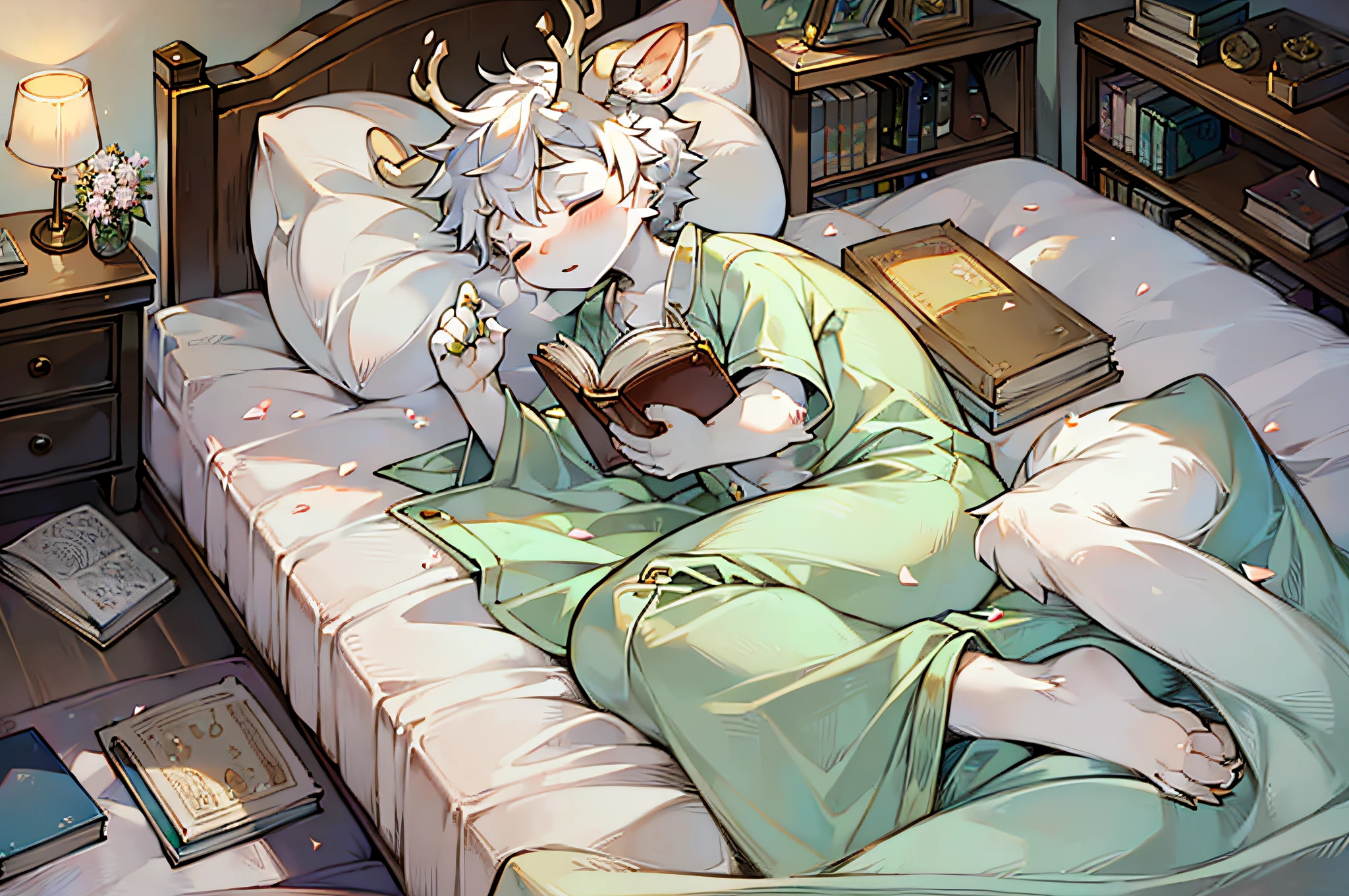 A white deer,white pajama,light green decoration,Books,An open book on hand,rays of sunshine,deer antlers,inside bedroom,falling flower petals,white color hair,shota,lovely boy,Gender ambiguity,Lie down in bed,s asleep,Close her eyes,Side,Clear facial features,Put a few books next to the bed