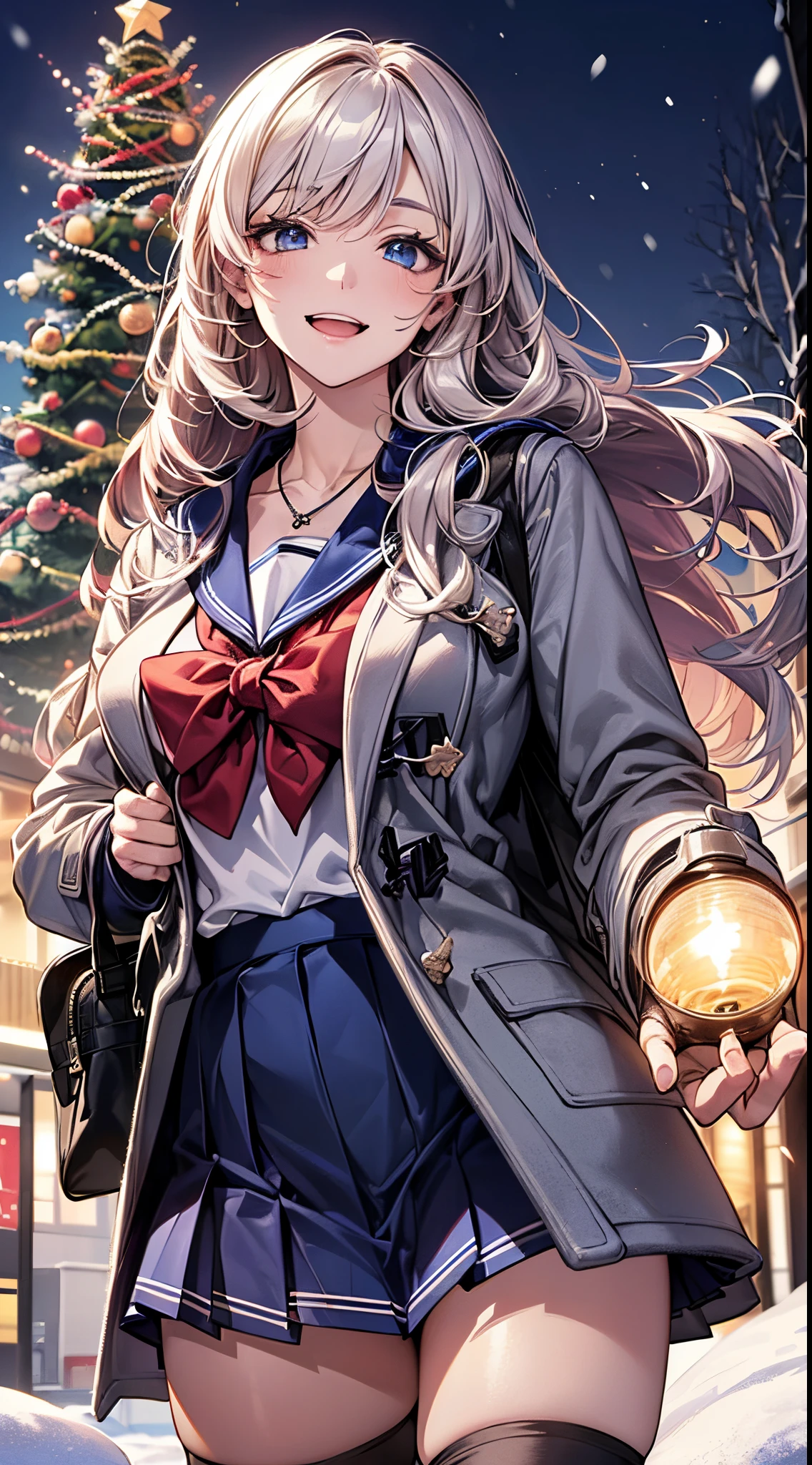 ((((perfect anatomy, super detailed skin)))), 1 girl, japanese, high school girl, shiny skin, large breasts:0.5, looking away, looking up, watching the view, from below, 
beautiful hair, beautiful face, beautiful detailed eyes, (long hair:1.7, side ponytaail:1.5), blond hair, blue eyes, 
beautiful clavicle, beautiful body, beautiful chest, beautiful thigh, beautiful legs, babyface, mole under eye, 
(((gray duffle coat, open coat), ((long sleeves)), all navy sailor suit, navy pleated skirt, navy sailor collar, red sailor scarf, thigh-highs, short boots), school bag, cross necklace), seductive thighs, , 
((smile:1.5, open your mouth wide)), walking, 
(beautiful scenery),winter, midnight, hokkaido, sapporo, odori park, christmas, (christmas tree), illumination, tv tower, snow, snowfall:1.5, freezing weather, frost, 
(8k, top-quality, masterpiece​:1.2, extremely detailed), (photorealistic), beautiful illustration, cinematic lighting,