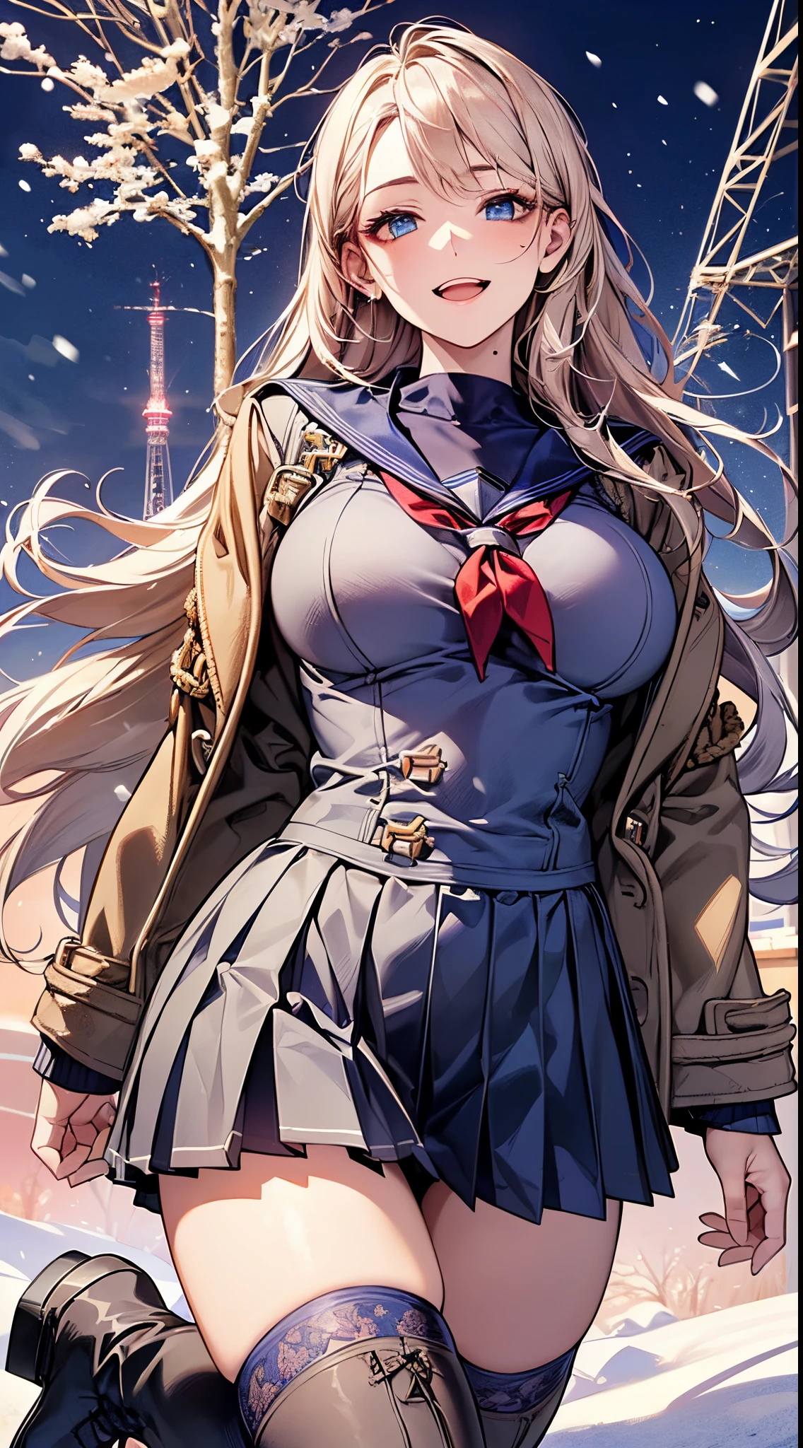 ((((perfect anatomy, super detailed skin)))), 1 girl, japanese, high school girl, shiny skin, large breasts:0.5, looking away, looking up, watching the view, from below,
beautiful hair, beautiful face, beautiful detailed eyes, (long hair:1.7, side ponytaail:1.5), blond hair, blue eyes,
beautiful clavicle, beautiful body, beautiful chest, beautiful thigh, beautiful legs, face, mole under eye,
(((gray duffle coat, open coat), ((long sleeves)), all navy sailor suit, navy pleated skirt, navy sailor collar, red sailor scarf, thigh-highs, short boots), school bag, cross necklace), seductive thighs, ,
((smile:1.5, open your mouth wide)), walking,
(beautiful scenery),winter, midnight, hokkaido, sapporo, odori park, christmas, (christmas tree), illumination, tv tower, snow, snowfall:1.5, freezing weather, frost,
(8k, top-quality, masterpiece:1.2, extremely detailed), (photorealistic), beautiful illustration, cinematic lighting,