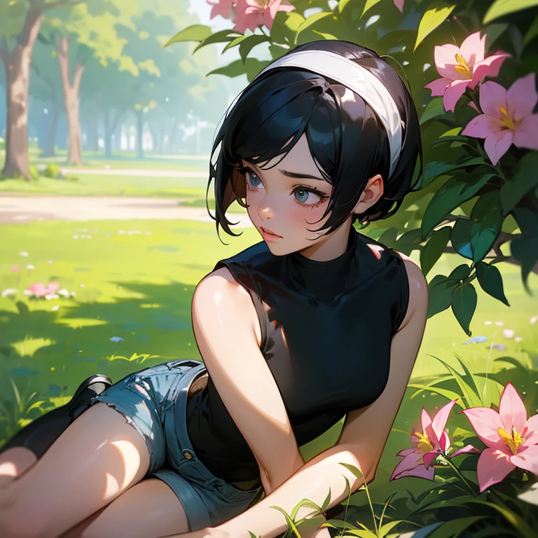 best quality,4k,highres,masterpiece:1.2),ultra-detailed,realistic,single girl:A young woman, 18 years old, with short black hair, sitting in a park, wearing a grey cropped sleeveless turtleneck, cropped shorts, and a hairband,beautiful detailed eyes,beautiful detailed lips,surrounded by colorful flowers and lush green grass,faint sunlight filtering through the leaves,soft, natural lighting