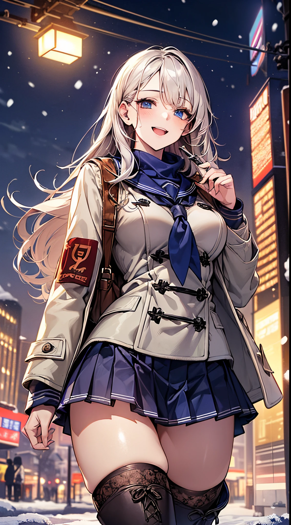 Anime girl in a short skirt and jacket walking down a street - SeaArt AI