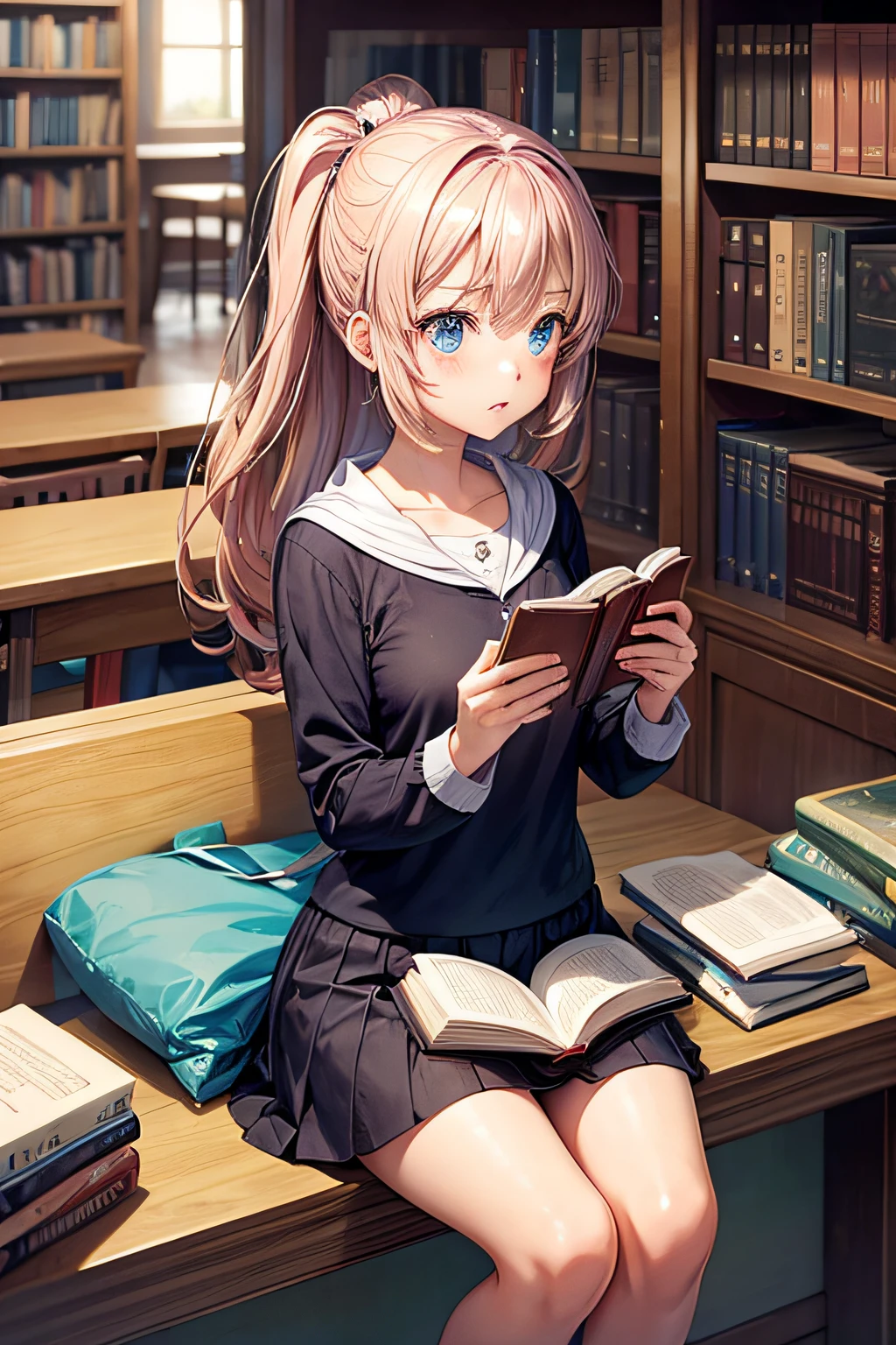 A girl surrounded by many books, curiosity, lecture, think, atlibrary, animesque, Anime style, kawaii girl, Reading a book,
Focused,