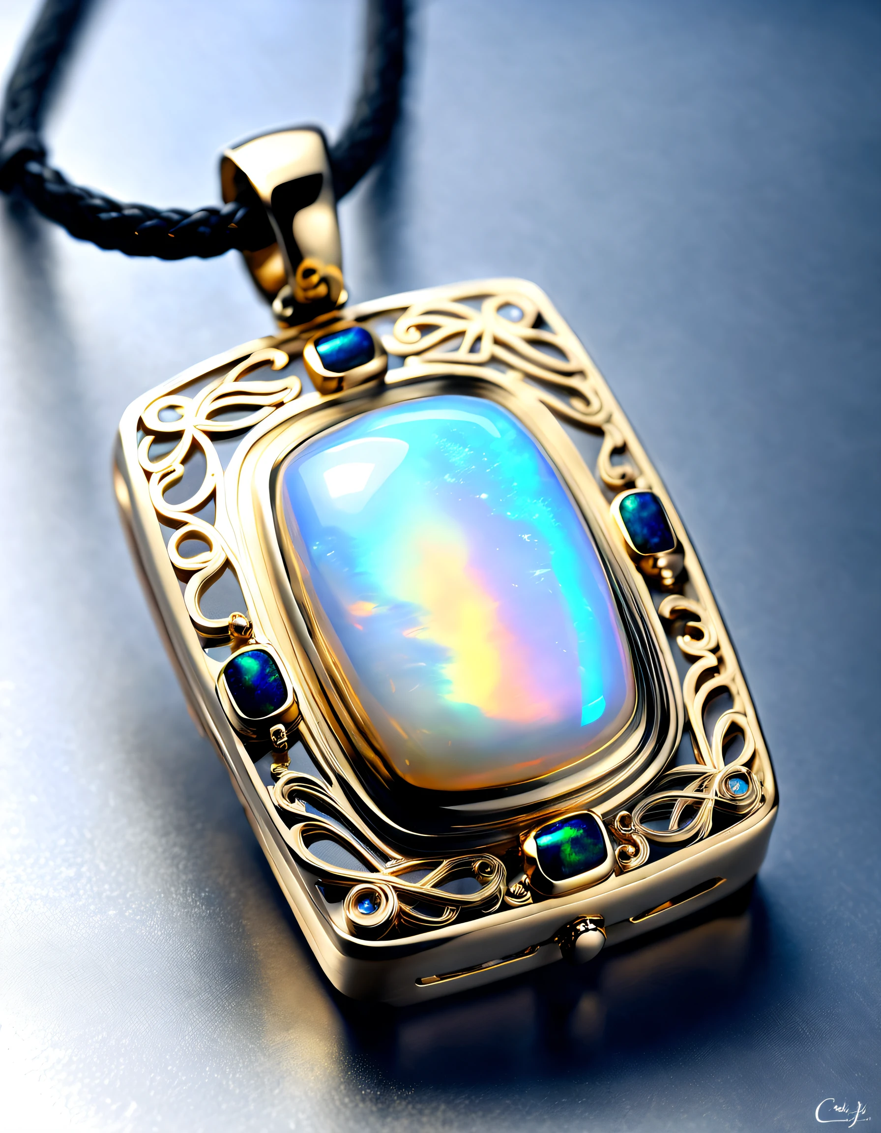 Item design, (Rectangular pendant), (There is only one double opal in the middle: 1.3), (Contains only one double opal), (With black leather cord), （gold）， (12 horoscope symbols: 1.1), (Freehand Cancer zodiac pattern: 1.1), (Side engraved symbol cindy xu: 1.3), Black stone, Complex structure, delicate constructions,, a light luxury style, Boho Style, RococoStyle, luxury goods, Van Cleef & Arpels，cartier,
Background with: The white,jewelry photography, hyper HD, high high quality, Epic design, Incredible design, great design, future-tech