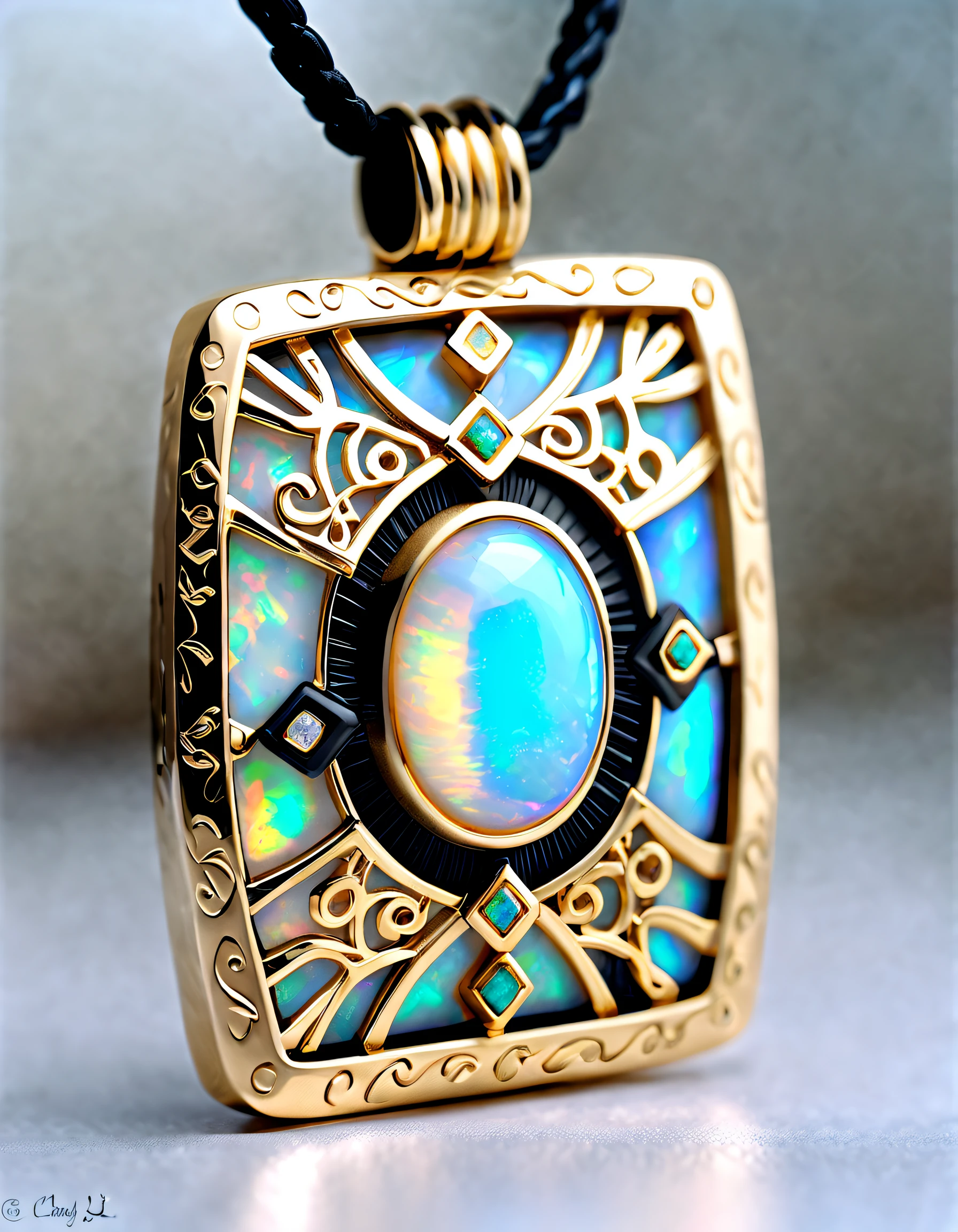 Item design, (Rectangular pendant), (There is only one double opal in the middle: 1.3), (Contains only one double opal), (With black leather cord), （gold）， (12 horoscope symbols: 1.1), (Freehand Cancer zodiac pattern: 1.1), (Side engraved symbol cindy xu: 1.3), Black stone, Complex structure, delicate constructions,, a light luxury style, Boho Style, RococoStyle, luxury goods, Van Cleef & Arpels，cartier,
Background with: The white,jewelry photography, hyper HD, high high quality, Epic design, Incredible design, great design, future-tech