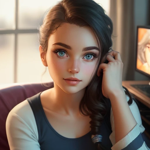 egirl, high quality fingers, normal hands, detailed fingers,masterpiece, (realistic, photo-realistic:1.37), slight medium breast, small waist, beautiful face, perfect illumination, beautiful detailed eyes,looking at viewer, stunningly beautiful woman, detailed hairstyle, egirl sitting in gamergirl room, Thigh high socks, nsfw, no bra, no underwear
