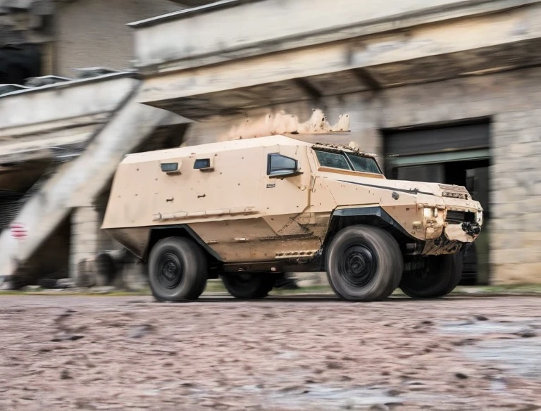 Create an action-packed scene of a fast-moving 4x4 armored vehicle, navigating through challenging landscapes with a sense of speed and intensity.