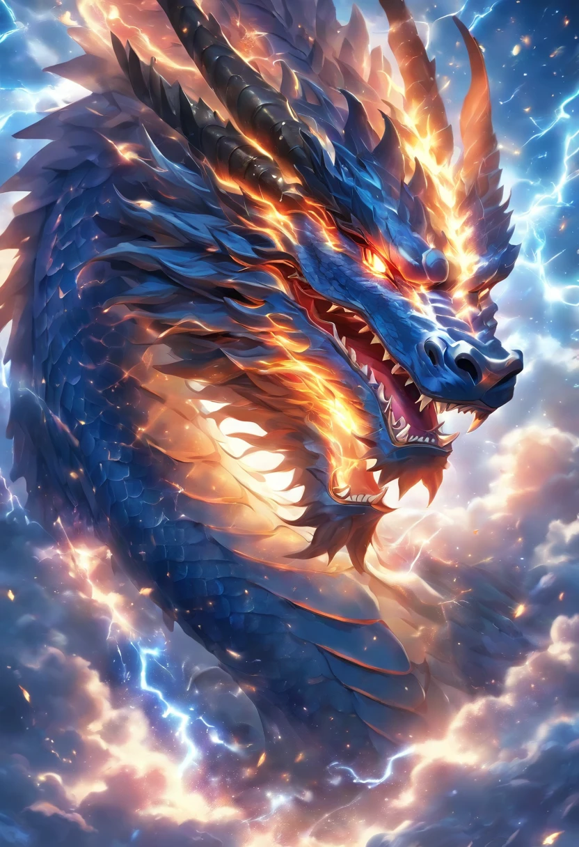 a majestic dragon,lurking in the sky,long,serpentine body,gleaming scales,fiery breath,fierce and powerful,wisdom in its eyes,scaly wings stretching across the horizon,massive claws,guardian of hidden treasures,flying through the clouds,creating storms and lightning,emitting a brilliant glow,mesmerizing colors of blue and gold,enveloped in a mystical aura,artistic masterpiece,photo-realistic rendering,ultra-detailed features,majestic portrait,shining with vibrant hues,dramatic lighting effects,captivating fantasy artwork.