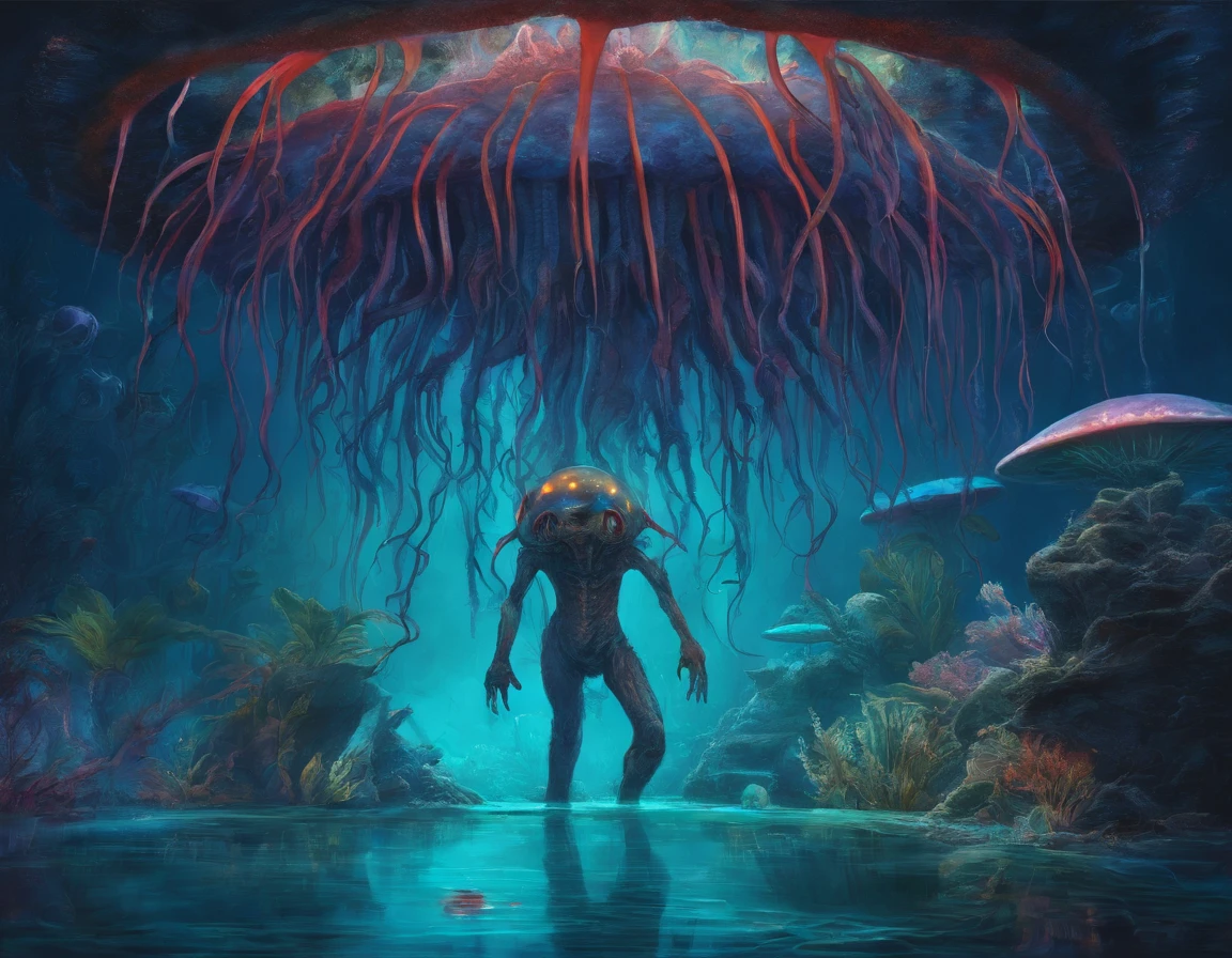 walk, Hands and feet, Big eyes, Monster, (Humanoid), Light, Blue light, ((jelly fish)), Ocean, Plants in the water,Rich in color, in a Mexican Cenote