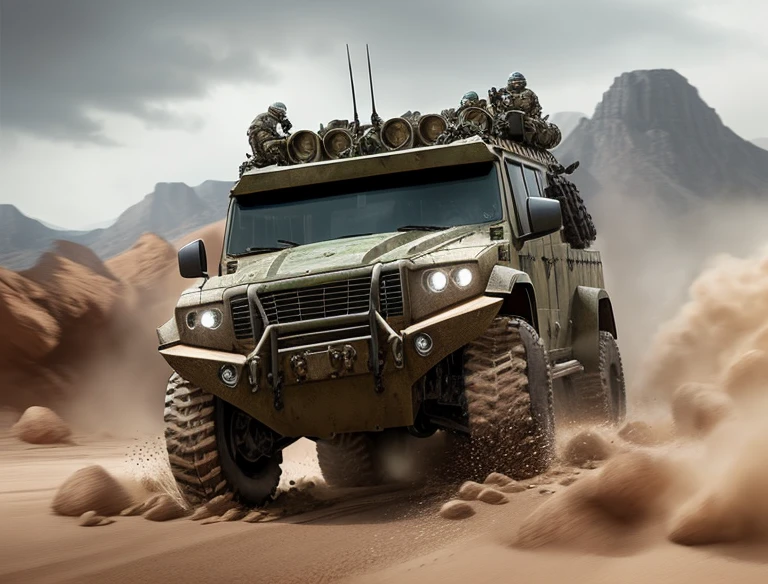 Create an action-packed scene of a fast-moving 4x4 armored vehicle, navigating through challenging landscapes with a sense of speed and intensity.