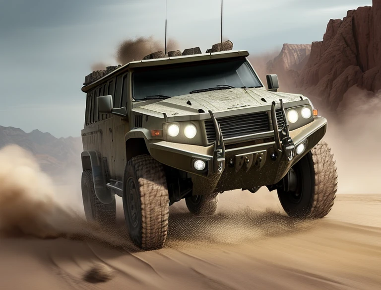 Create an action-packed scene of a fast-moving 4x4 armored vehicle, navigating through challenging landscapes with a sense of speed and intensity.