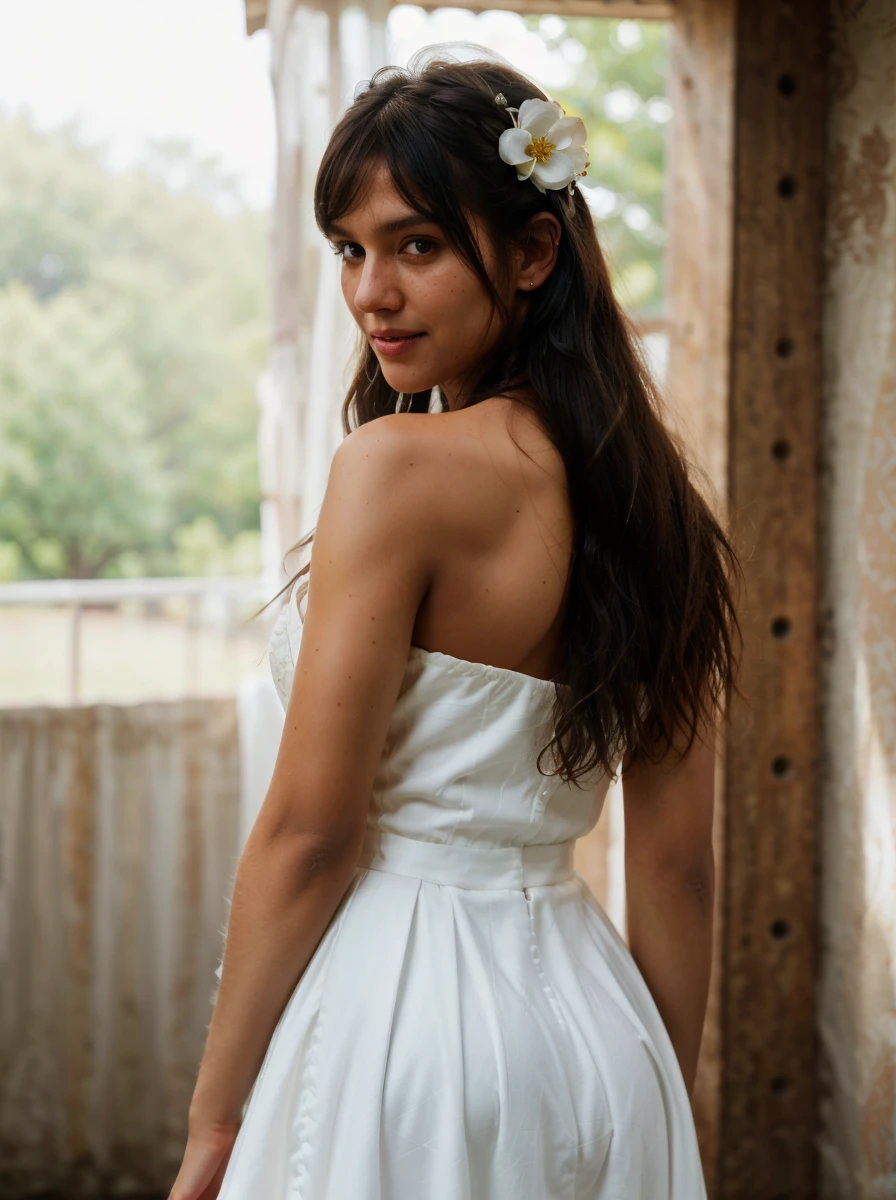 Smile, Cowboy shot, looking a viewer, From Bottom, Clothing pattern, Hair Flower, extra very long hair, big breastes, straight hair, Detachable hoses, wariza, long skirt, beautiful white dress, white lace, 1girl,black  hair, Portrait, Bangs, blue eyes,3D Rendering, ..CGI, Octane Render, 35mm, 9:16, (intricate details:1.12), HDR, (intricate details, hyper-detailing:1.15), (natural skin textures, hyper realisitc, soft light, Sharp:1.2)