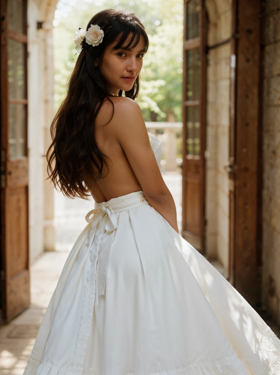 Smile, Cowboy shot, looking a viewer, From Bottom, Clothing pattern, Hair Flower, extra very long hair, big breastes, straight hair, Detachable hoses, wariza, long skirt, beautiful white dress, white lace, 1girl,black hair, Portrait, Bangs, blue eyes,3D Rendering, ..CGI, Octane Render, 35mm, 9:16, (intricate details:1.12), HDR, (intricate details, hyper-detailing:1.15), (natural skin textures, hyper realisitc, soft light, Sharp:1.2)