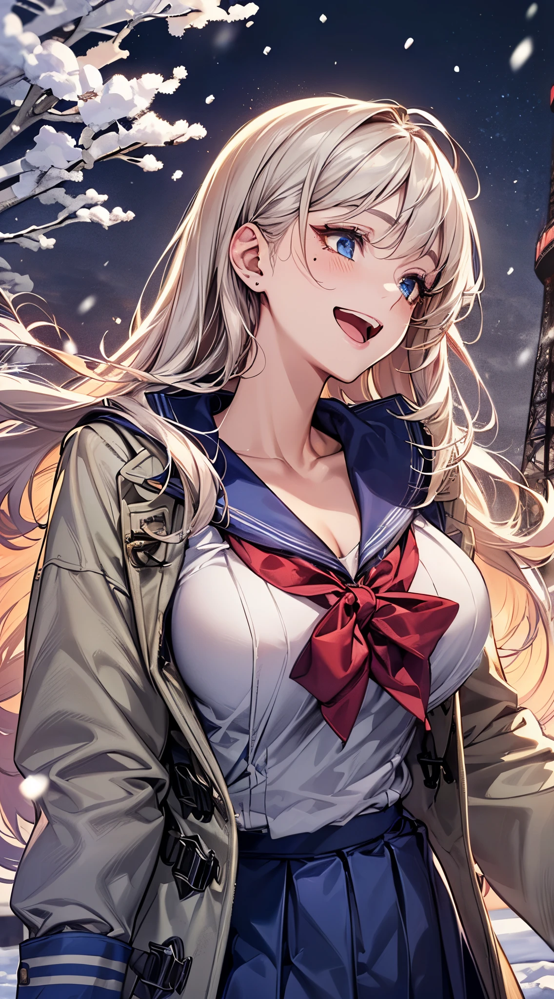 ((((perfect anatomy, super detailed skin)))), 1 girl, japanese, high school girl, shiny skin, large breasts:0.5, looking away, looking up, watching the view, from below, 
beautiful hair, beautiful face, beautiful detailed eyes, (long hair:1.7, side ponytaail:1.5), blond hair, blue eyes, 
beautiful clavicle, beautiful body, beautiful chest, beautiful thigh, beautiful legs, babyface, mole under eye, 
(((gray duffle coat, open coat), ((long sleeves)), all navy sailor suit, navy pleated skirt, navy sailor collar, red sailor scarf, thigh-highs, short boots), school bag, cross necklace), seductive thighs, , 
((smile:1.5, open your mouth wide)), walking, 
(beautiful scenery),winter, midnight, hokkaido, sapporo, odori park, christmas, (christmas tree), illumination, tv tower, snow, snowfall:1.5, freezing weather, frost, 
(8k, top-quality, masterpiece​:1.2, extremely detailed), (photorealistic), beautiful illustration, cinematic lighting,