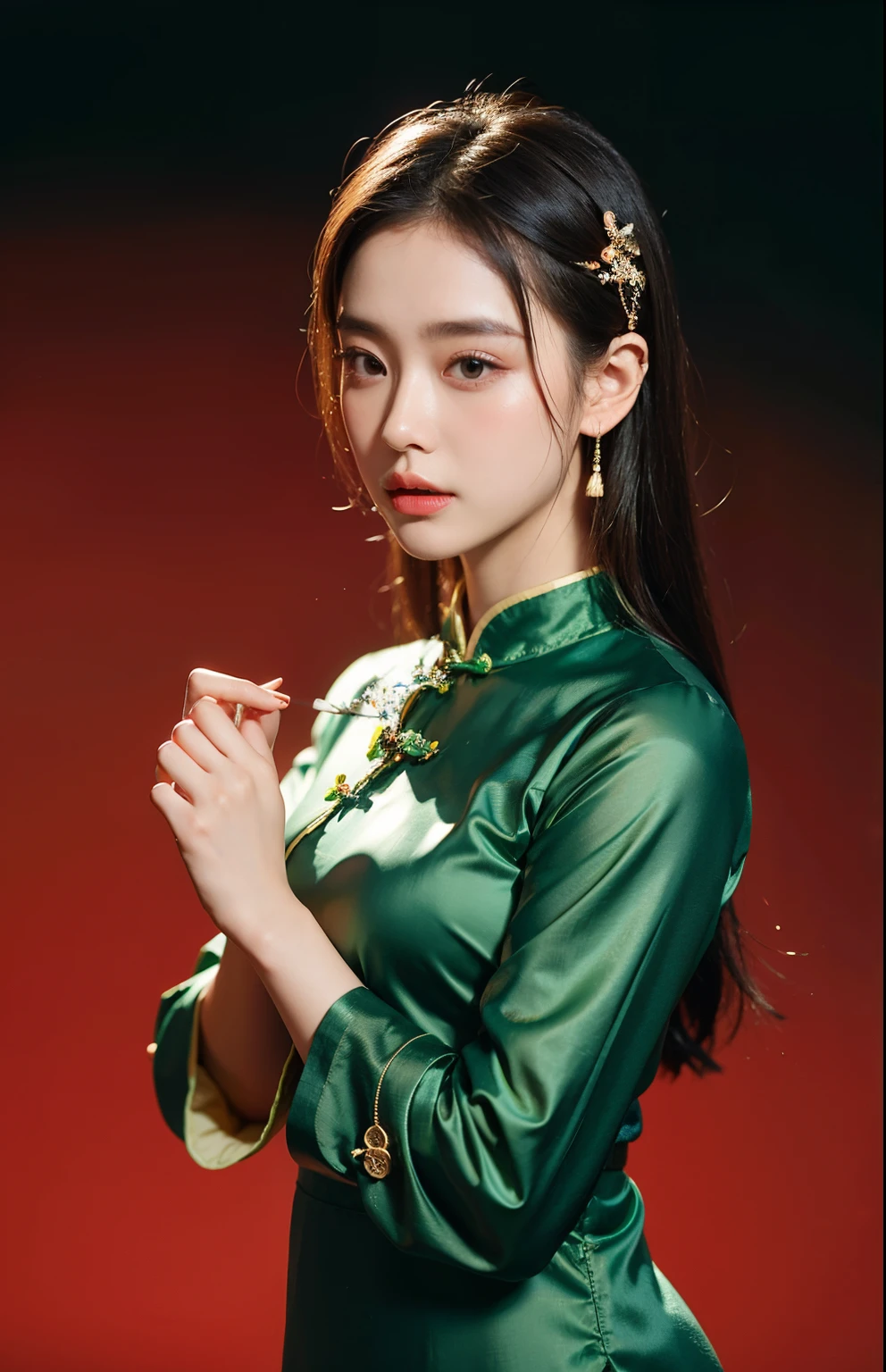 Wear green clothes、Arafatian woman holding cigarette, Matches ancient Chinese costumes, gorgeous chinese models, 宮 ， A girl in Hanfu, On the cheongsam, ChineseGirl, inspired by Wu Bin, Inspired by Huang Ji, chineseidol, sha xi, On the cheongsam, Inspired by Lan Ying, Wearing ancient Chinese clothes, gongbi, yun ling