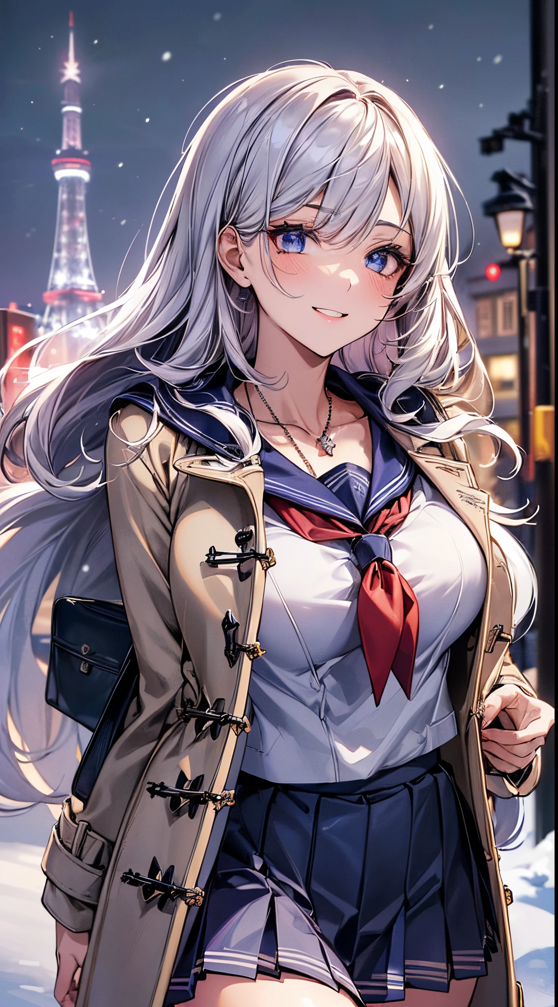 ((((perfect anatomy, super detailed skin)))), 1 girl, japanese, high school girl, shiny skin, large breasts:0.5, looking away, looking up, watching the view, from below,
beautiful hair, beautiful face, beautiful detailed eyes, (long hair:1.7, side ponytaail:1.5), blond hair, blue eyes,
beautiful clavicle, beautiful body, beautiful chest, beautiful thigh, beautiful legs, babyface, mole under eye,
(((gray duffle coat), ((long sleeves)), all navy sailor suit, navy pleated skirt, navy sailor collar, red sailor scarf, thigh-highs, short boots), school bag, cross necklace), seductive thighs, ,
((smile:1.5, open your mouth wide)), walking,
(beautiful scenery),winter, midnight, hokkaido, sapporo, odori park, christmas, (christmas tree), illumination, tv tower, snow, snowfall:1.5, freezing weather, frost,
(8k, top-quality, masterpiece:1.2, extremely detailed), (photorealistic), beautiful illustration, cinematic lighting,