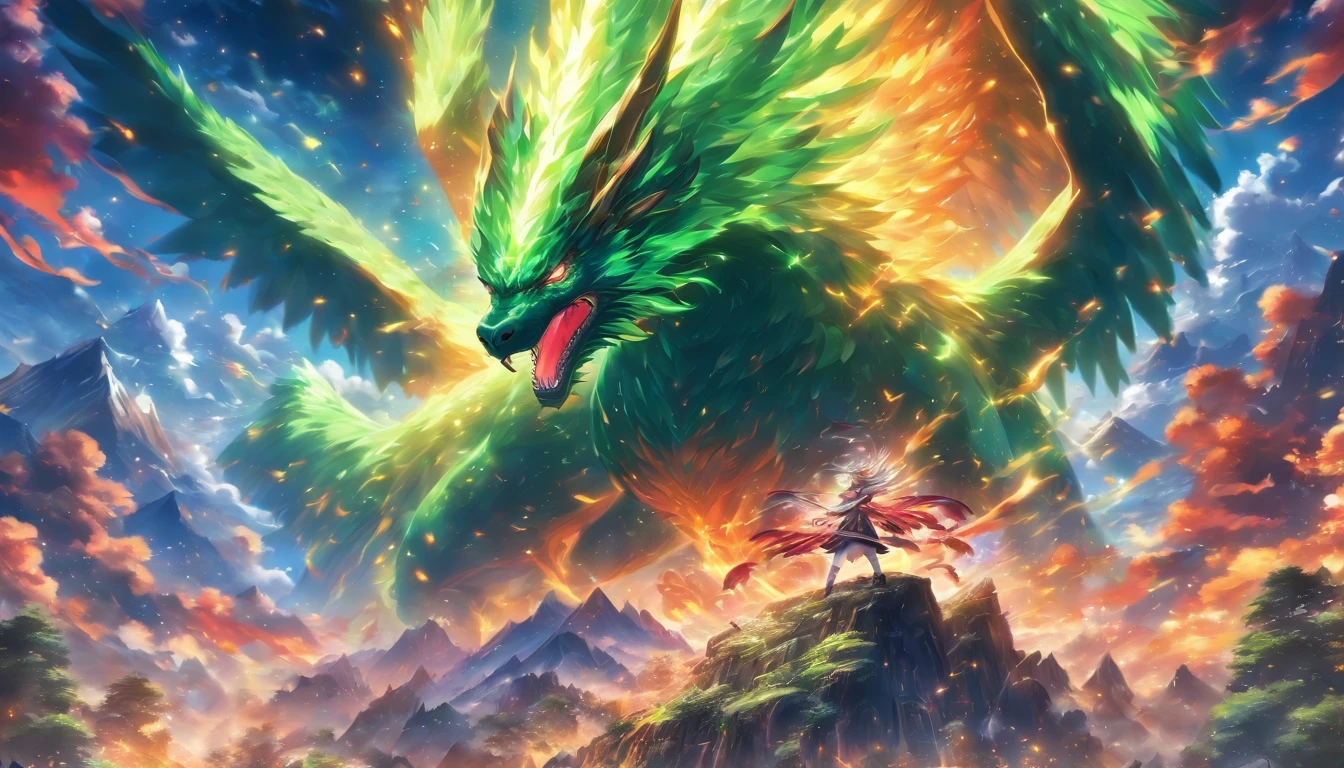 colorful, dramatic lighting, oil painting, fantasy, vibrant colors,towering mountains, lush green forests, glossy scales, majestic wings, fiery breath, fierce gaze, lively atmosphere