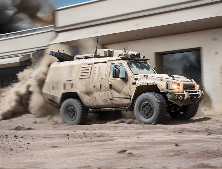 Create an action-packed scene of a fast-moving 4x4 armored vehicle, navigating through challenging landscapes with a sense of speed and intensity.