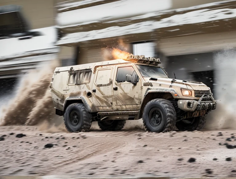 Create an action-packed scene of a fast-moving 4x4 armored vehicle, navigating through challenging landscapes with a sense of speed and intensity.