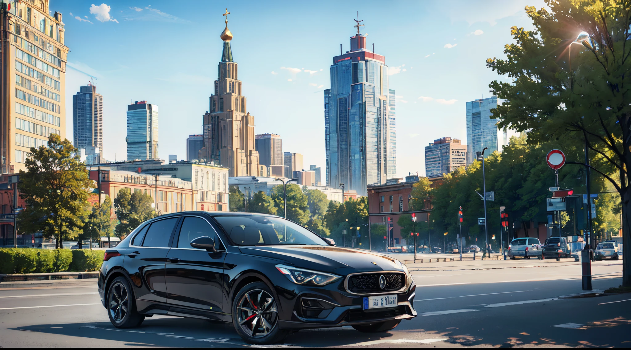 (best quality,4k,8k,highres,masterpiece:1.2),ultra-detailed,realistic:1.37, Russia, moscow, people are coming, cars are driving, the trees, tall buildings in the background, Moscow-city