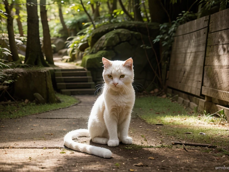 meditating cat,cartoon,Japanese Style,kawaii,Tiny,In the natural forest,White cat,warm light