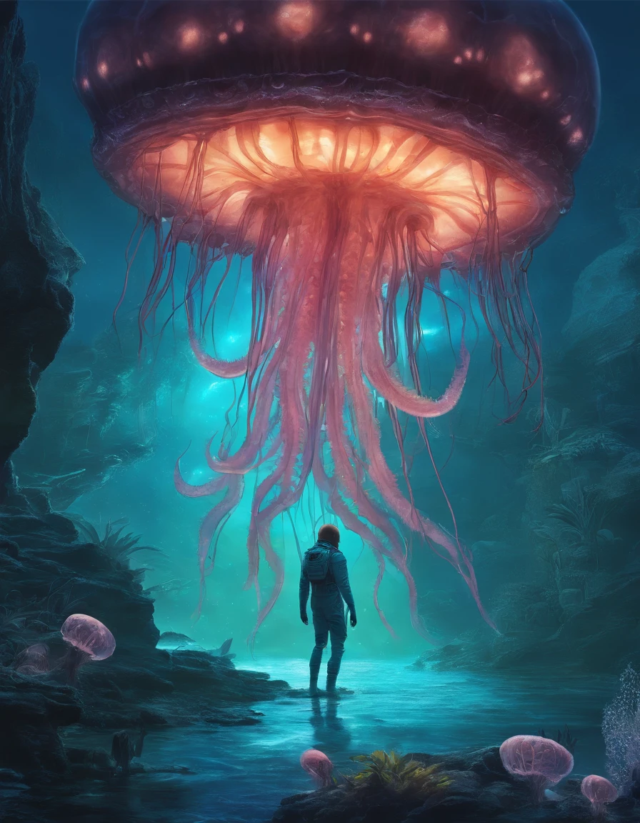 Walk, Hands and feet, Big eyes, Monster, (((Humanoid translucent alien creature))), Light, Blue light, ((Translucent jellyfish)), Ocean, Plants in the water,Rich in color, in a Mexican Cenote