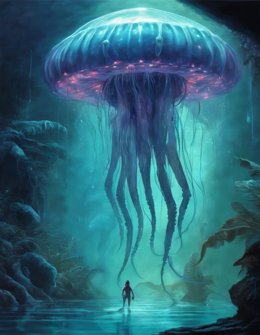Walk, Hands and feet, Big eyes, Monster, (((Humanoid translucent alien creature))), Light, Blue light, ((Translucent jellyfish)), Ocean, Plants in the water,Rich in color, in a Mexican Cenote