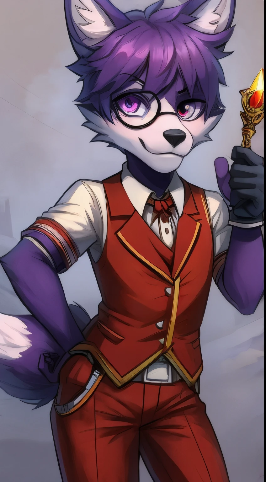 Furry has a burgundy wolf with a monocle in his left eye and a British suit on his body. He holds a scepter in his left hand and a revolver in his right hand and shoots forward on a rainy night in the streets of London. His eyes are purple.