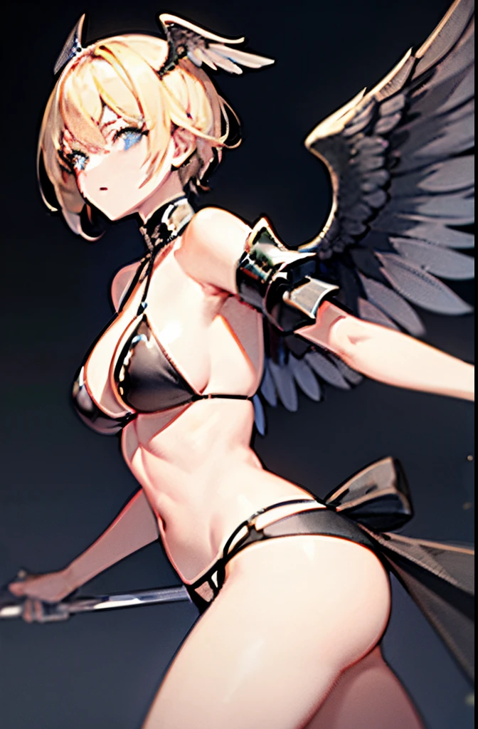 Fallen angel adult woman with blonde blue eyes and military cut hairstyle The bird's wings on the back are drawn large and black. Equipped with a sword and shield Illustration Touch bikini-armor